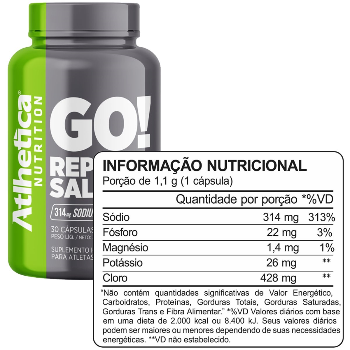 Cápsula de Sal Repor Salt 30Caps - Atlhetica Nutrition - GO! REPOR SALT ...